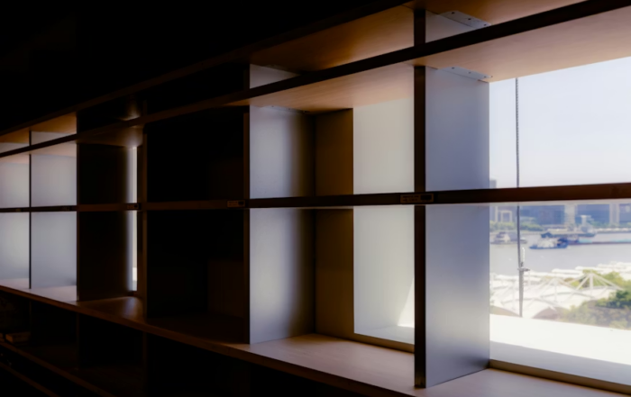 storage shelves, wood shelves, glass shelves, desk with shelves