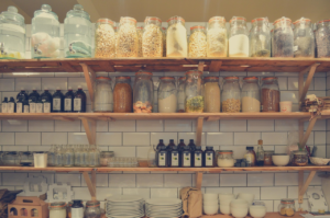 storage shelves, wood shelves, glass shelves, desk with shelves